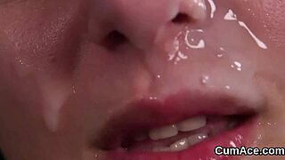 Unusual looker gulps down massive jizz load in bukkake cumshot!
