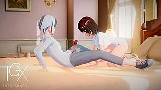 In this hentai game, the futanari girl says, 'Let's try blowjob, cowgirl, and anal in various outfits.'