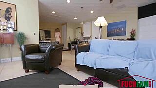 Mia Scarlett, the cam girl with big tits, fucks the delivery boy doggystyle.