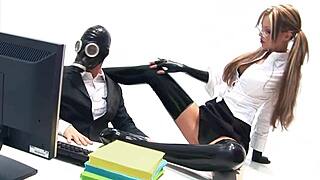 Blonde babe in latex lingerie explores unique fetish experiences.