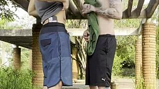 young guys fucking openly in the public square, watched by passersby