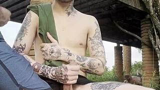 young guys fucking openly in the public square, watched by passersby