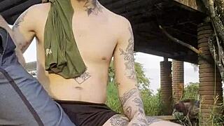 young guys fucking openly in the public square, watched by passersby