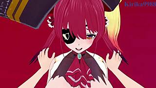 Houshou Marine and Ookami Mio have intense 3D cartoon sex with creampie.