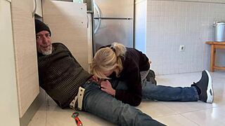hot wife gives plumber a sloppy blowjob in the kitchen, cum filling her mouth 😏