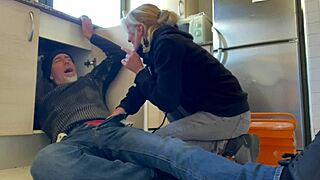 hot wife gives plumber a sloppy blowjob in the kitchen, cum filling her mouth 😏