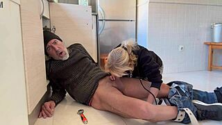 hot wife gives plumber a sloppy blowjob in the kitchen, cum filling her mouth 😏