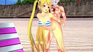 Marie Rose in her bikini gets wild beach sex in this anime fantasy.