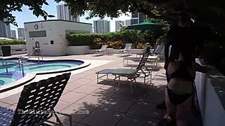 Nerdy slut shares two bbc blowjobs at the resort pool