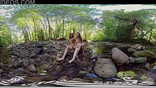 Redhead and blonde have fun outdoors in softcore scene