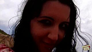 Does her pretty face look overexcited swallowing cum after outdoor anal?