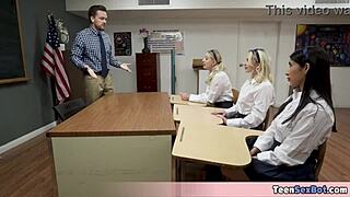 Three Petite 18+ Pupils Offering Pussy to Lucky Teacher in Uniform