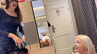 petite blonde sucks big cock in couple casting pov double blowjob