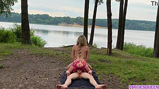 Hardcore riding by naked blonde outside in public with cum shot on tits!