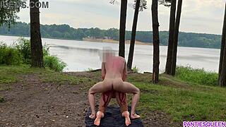 Hardcore riding by naked blonde outside in public with cum shot on tits!