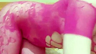 girl masturbates hairy pussy with vibrator in bodysuit