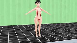 anime girl swims in micro bikini, nip slip happens