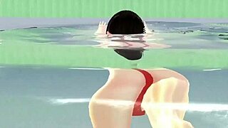 anime girl swims in micro bikini, nip slip happens