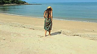 long dress, no panties, flashing on a public beach