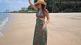 long dress, no panties, flashing on a public beach