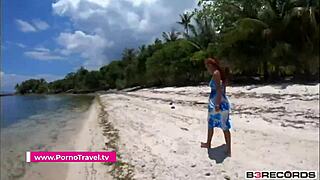 Public beach couple bangs hard with POV blowjob and cumshot. Tits bounce under the sun