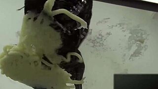 foodcrush fetish with asian feet stomping noodles in shoes