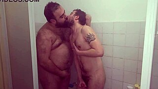 fat ass young guy kisses and blows big cock in the shower, teasing bareback fucking.
