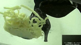 foodcrush fetish with asian feet stomping noodles in shoes