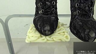 foodcrush fetish with asian feet stomping noodles in shoes