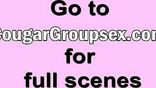 three cougars riding that lucky stud's cock on the couch