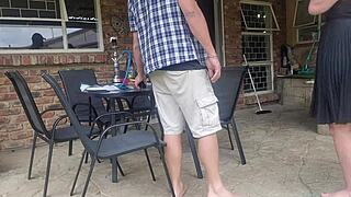 neighbours wife gets outdoor upskirt fuck while he's at work