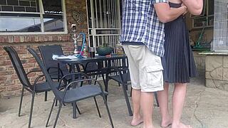 neighbours wife gets outdoor upskirt fuck while he's at work