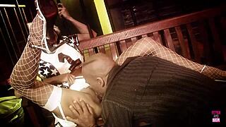 i spotted this naughty brunette in a kitty mask, stockings, and tattoos, ready for a facial blowjob