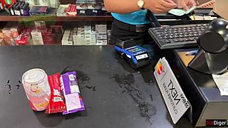 Skinny Brunette Walks Supermarket with Cum on Face for Cash