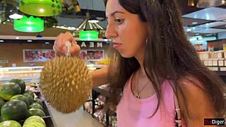 Skinny Brunette Walks Supermarket with Cum on Face for Cash