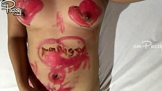 Amateur Asian Girl Paints Naked Body with Bold Lipstick Strokes
