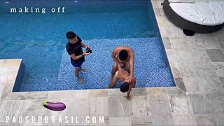 Incredible! Blonde Juninho Oficial Stars in Wild Poolside Gay Group Action!