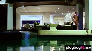 Classy short-haired babe Britt Linn enjoys a naked swim after clothes rip