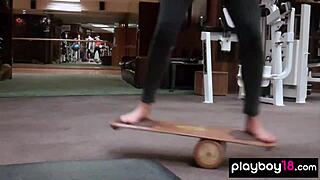 Classy short-haired babe Britt Linn enjoys a naked swim after clothes rip