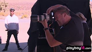 Classy short-haired babe Britt Linn enjoys a naked swim after clothes rip