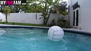 Stepbro tells stepsis her tits feel like a fucking pussy during pool sex with riding and blowjob.