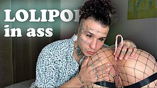 dirty brunette with candy in ass to mouth play