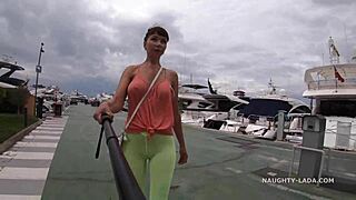 camel-toe flashing in public with tight leggings on a busty milf