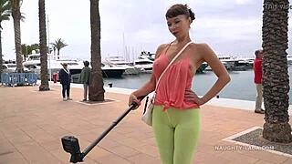 camel-toe flashing in public with tight leggings on a busty milf