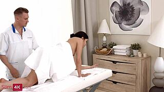 brunette teen gets massage then creampie on sofa 😈