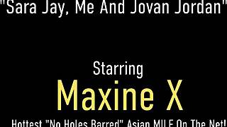 Maxine X and Layla Lust's squirt party escalates to messy threesome with deepthroat, licking tits, blowjobs, and assfucking in heels.