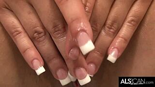 slender blonde cutie works shaved pussy to climax with machine