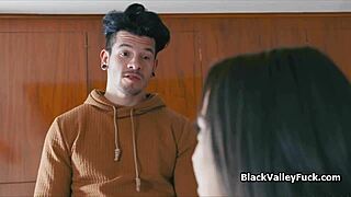 Guy fucks ebony teen while girlfriend's home