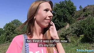 Long-haired babe intensely fucked outdoors by public agent in hardcore POV