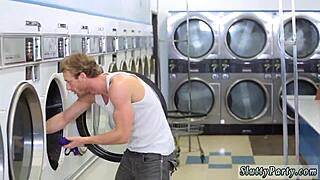 teen nerd giving blowjob during laundry day party 😏